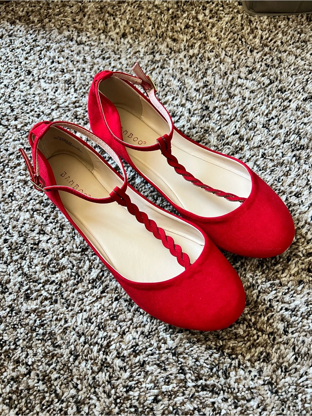 BAMBOO Red Braided T-Strap Ballet Flats
